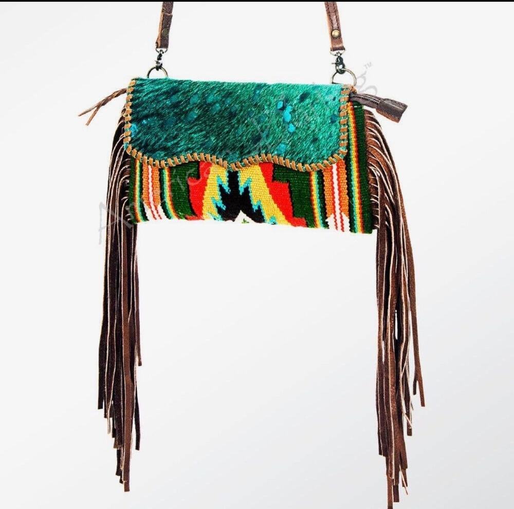 American Darling Genuine Leather, Hide and Hand Woven Saddle Blanket Crossbody